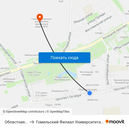 Областная Больница to Гомельский Филиал Университета Гражданской Защиты Мчс map