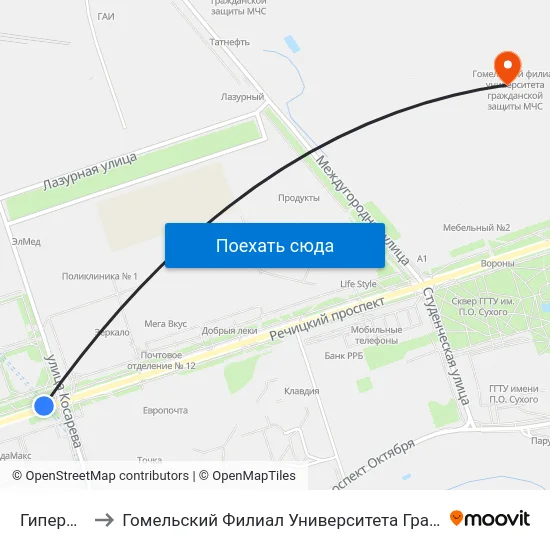 Гипермаркет to Гомельский Филиал Университета Гражданской Защиты Мчс map
