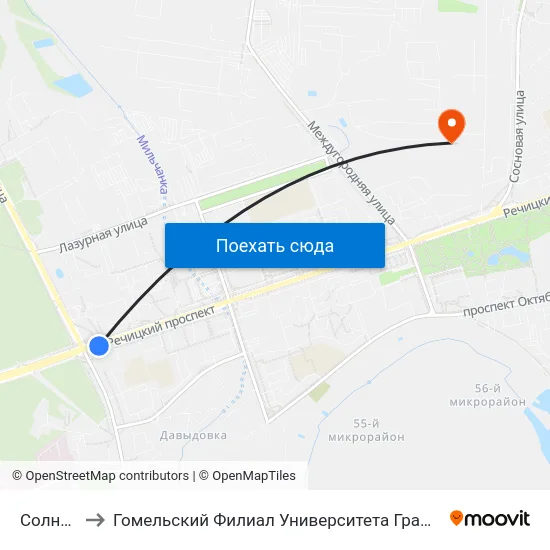 Солнечная to Гомельский Филиал Университета Гражданской Защиты Мчс map