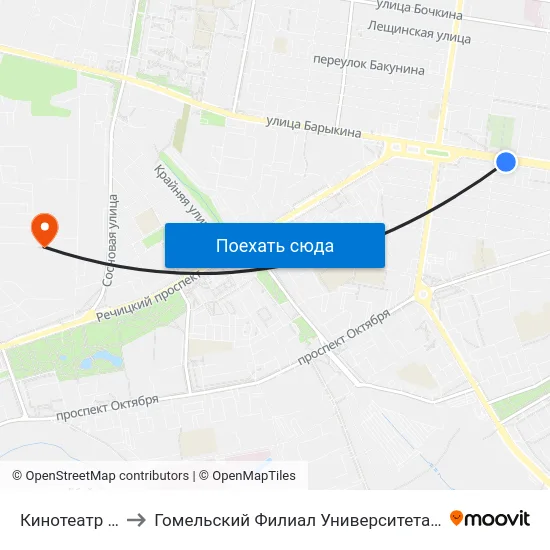 Кинотеатр «Октябрь» to Гомельский Филиал Университета Гражданской Защиты Мчс map