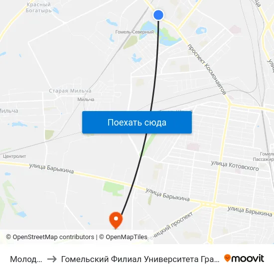 Молодёжная to Гомельский Филиал Университета Гражданской Защиты Мчс map