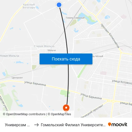 Универсам Облторгсоюза to Гомельский Филиал Университета Гражданской Защиты Мчс map