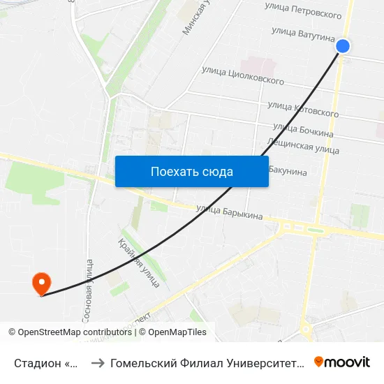 Стадион «Локомотив» to Гомельский Филиал Университета Гражданской Защиты Мчс map