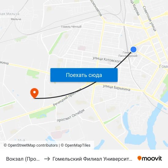 Вокзал (Проспект Ленина) to Гомельский Филиал Университета Гражданской Защиты Мчс map