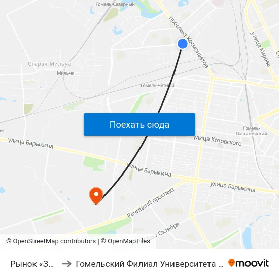 Рынок «Заводской» to Гомельский Филиал Университета Гражданской Защиты Мчс map