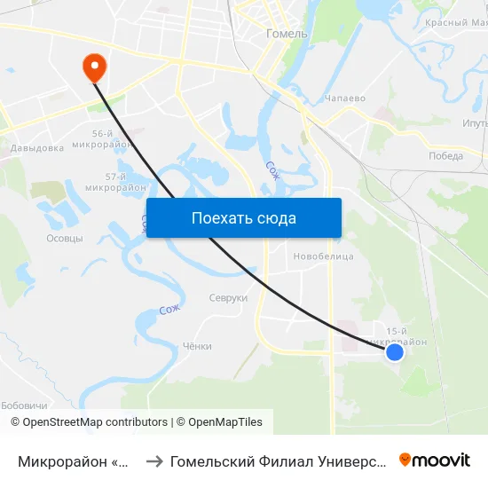 Микрорайон «Южный» (Высадка) to Гомельский Филиал Университета Гражданской Защиты Мчс map