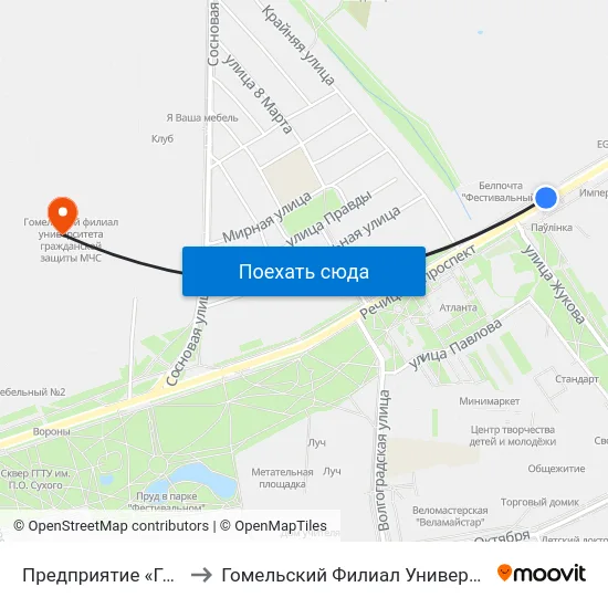 Предприятие «Гомельоблавтотранс» to Гомельский Филиал Университета Гражданской Защиты Мчс map