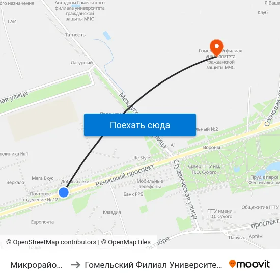 Микрорайон «Речицкий» to Гомельский Филиал Университета Гражданской Защиты Мчс map