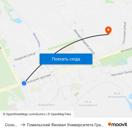 Солнечная to Гомельский Филиал Университета Гражданской Защиты Мчс map