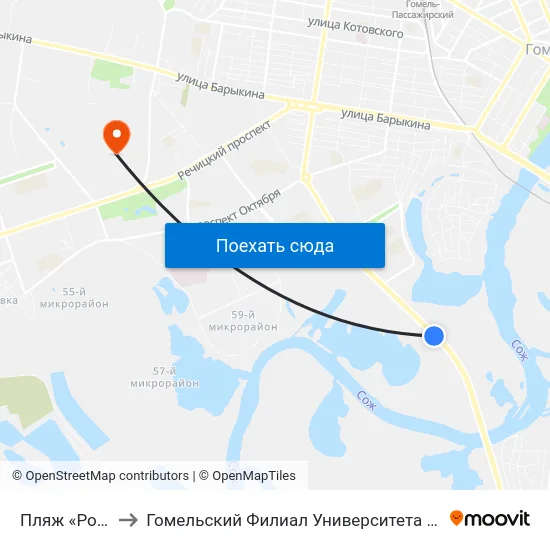 Пляж «Роповский» to Гомельский Филиал Университета Гражданской Защиты Мчс map