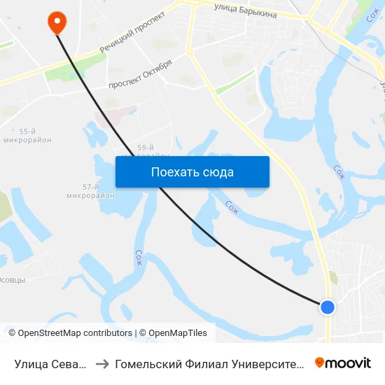 Улица Севастопольская to Гомельский Филиал Университета Гражданской Защиты Мчс map