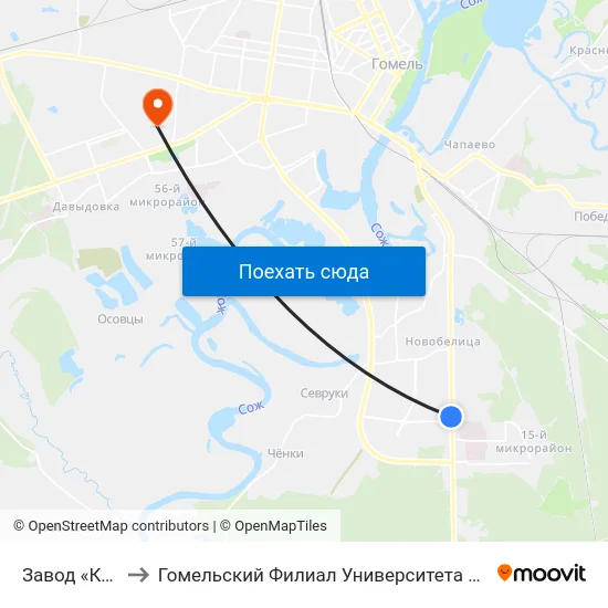 Завод «Кристалл» to Гомельский Филиал Университета Гражданской Защиты Мчс map