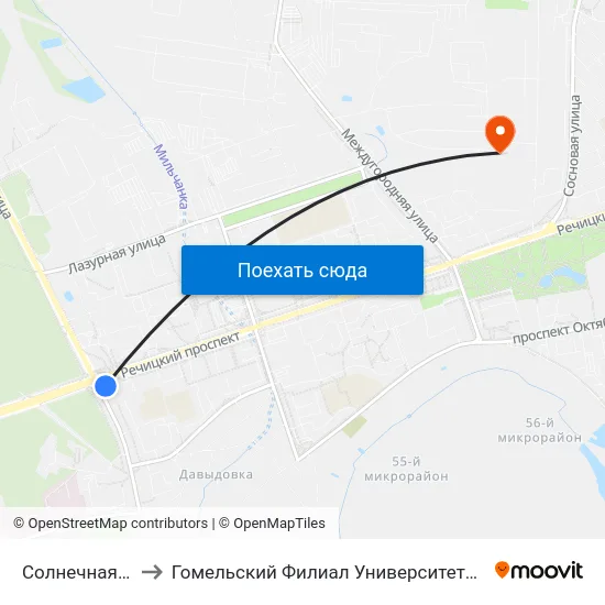 Солнечная (Высадка) to Гомельский Филиал Университета Гражданской Защиты Мчс map