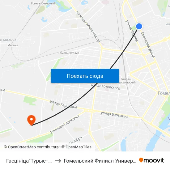 Гасцініца”Турыст” (Гостиница «Турист») to Гомельский Филиал Университета Гражданской Защиты Мчс map