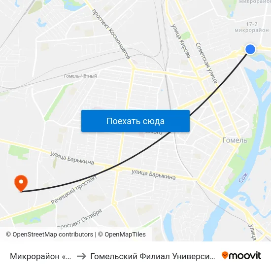 Микрорайон «Мельников Луг» to Гомельский Филиал Университета Гражданской Защиты Мчс map