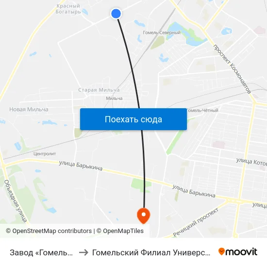 Завод «Гомельстройматериалы» to Гомельский Филиал Университета Гражданской Защиты Мчс map