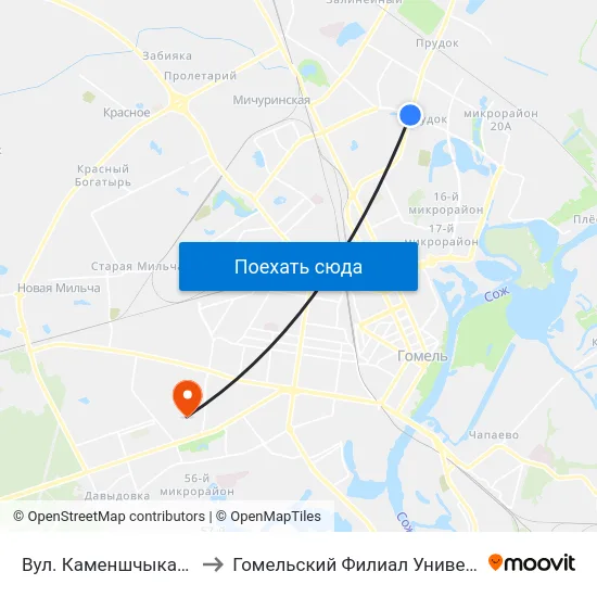 Вул. Каменшчыкава (Улица Каменщикова) to Гомельский Филиал Университета Гражданской Защиты Мчс map