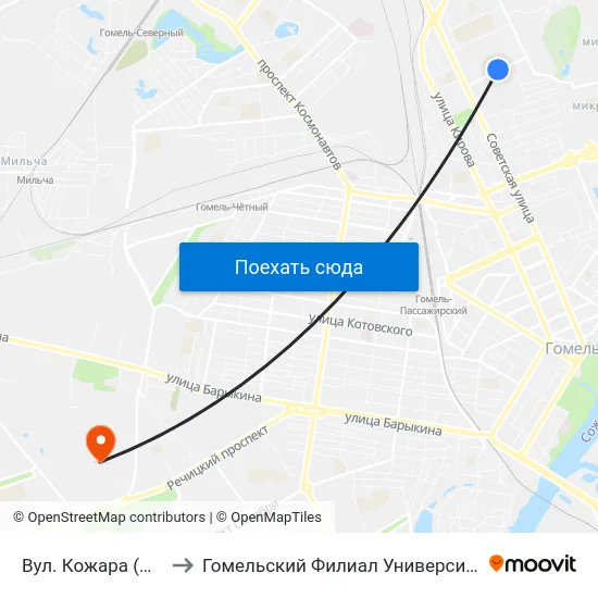 Вул. Кожара (Магазин «Океан») to Гомельский Филиал Университета Гражданской Защиты Мчс map