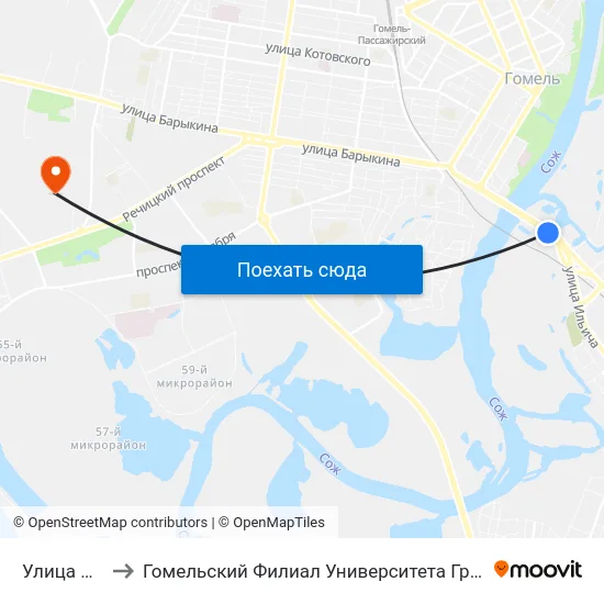 Улица Луговая to Гомельский Филиал Университета Гражданской Защиты Мчс map