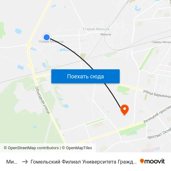Мильча to Гомельский Филиал Университета Гражданской Защиты Мчс map
