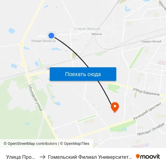 Улица Промышленная to Гомельский Филиал Университета Гражданской Защиты Мчс map