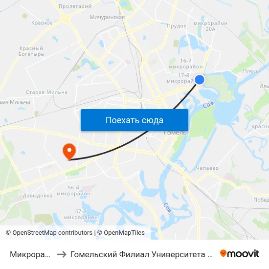 Микрорайон № 18 to Гомельский Филиал Университета Гражданской Защиты Мчс map