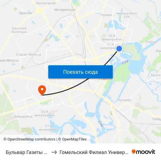 Бульвар Газеты «Гомельская Правда» to Гомельский Филиал Университета Гражданской Защиты Мчс map