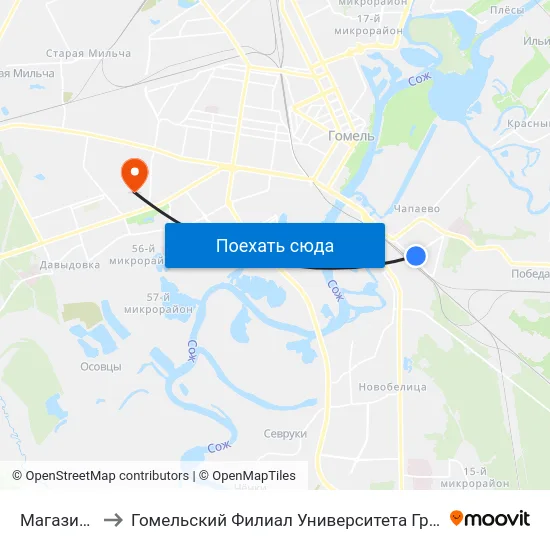 Магазин Ипуть to Гомельский Филиал Университета Гражданской Защиты Мчс map