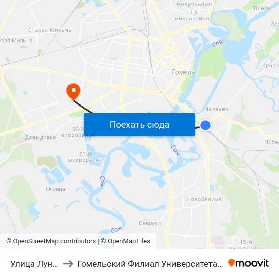 Улица Луначарского to Гомельский Филиал Университета Гражданской Защиты Мчс map