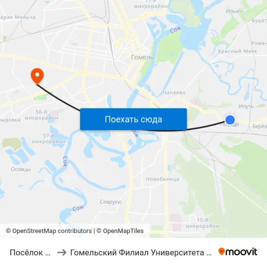 Посёлок «Победа» to Гомельский Филиал Университета Гражданской Защиты Мчс map