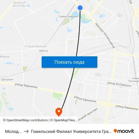 Молодёжная to Гомельский Филиал Университета Гражданской Защиты Мчс map
