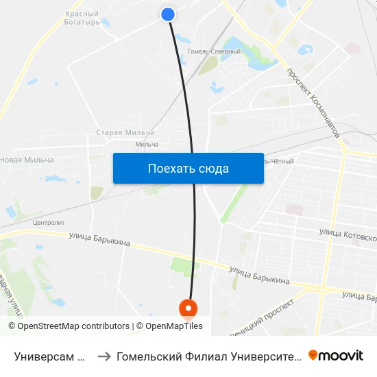 Универсам Облторгсоюза to Гомельский Филиал Университета Гражданской Защиты Мчс map