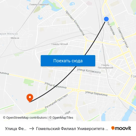 Улица Федосеенко to Гомельский Филиал Университета Гражданской Защиты Мчс map