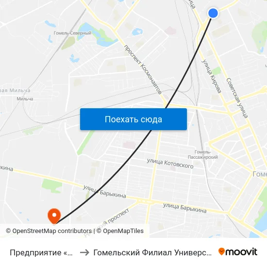 Предприятие «Гомельводоканал» to Гомельский Филиал Университета Гражданской Защиты Мчс map