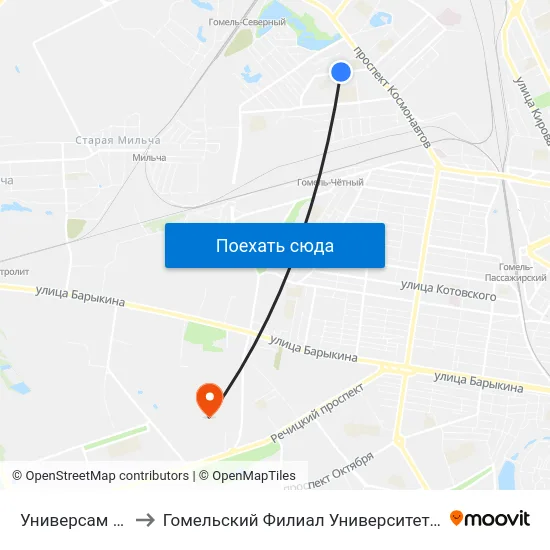 Универсам «Северный» to Гомельский Филиал Университета Гражданской Защиты Мчс map