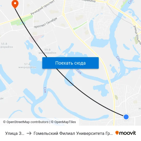 Улица Зайцева to Гомельский Филиал Университета Гражданской Защиты Мчс map
