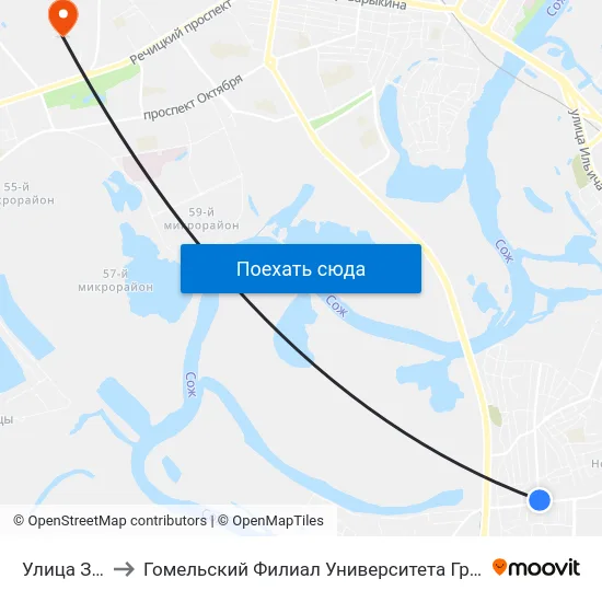 Улица Зайцева to Гомельский Филиал Университета Гражданской Защиты Мчс map