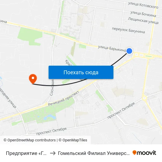 Предприятие «Гомельгеодезцентр» to Гомельский Филиал Университета Гражданской Защиты Мчс map