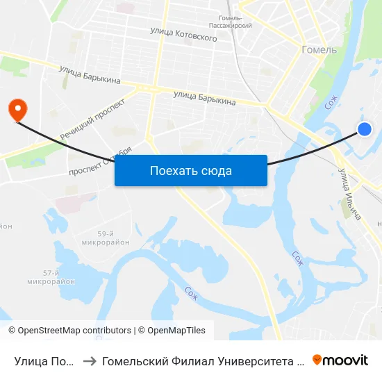 Улица Полевая — 1 to Гомельский Филиал Университета Гражданской Защиты Мчс map