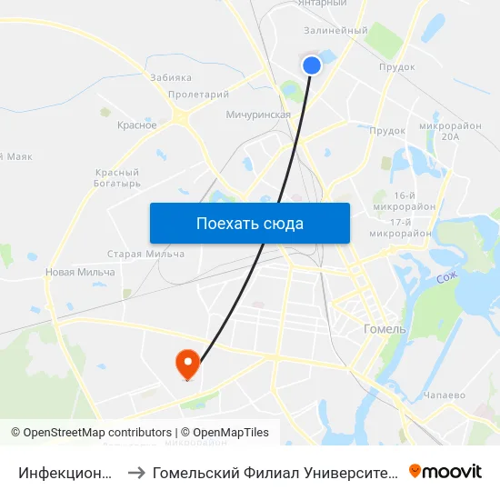 Инфекционная Больница to Гомельский Филиал Университета Гражданской Защиты Мчс map
