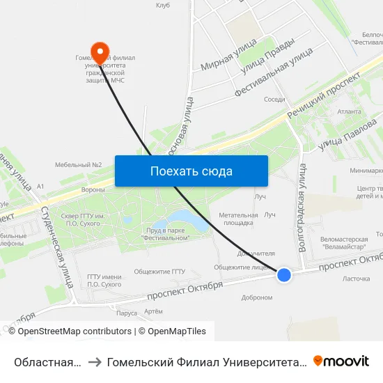 Областная Больница to Гомельский Филиал Университета Гражданской Защиты Мчс map