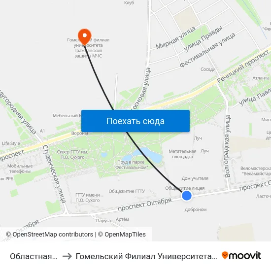 Областная Больница to Гомельский Филиал Университета Гражданской Защиты Мчс map