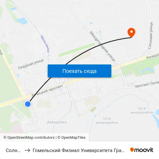 Солнечная to Гомельский Филиал Университета Гражданской Защиты Мчс map
