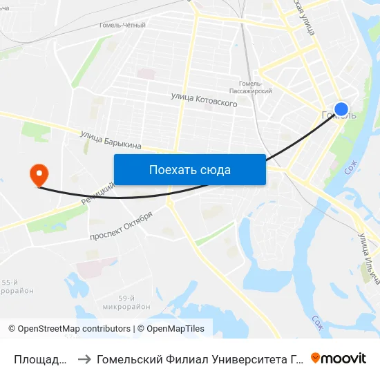 Площадь Ленина to Гомельский Филиал Университета Гражданской Защиты Мчс map