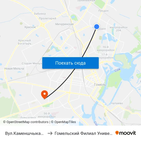 Вул.Каменшчыкава (Улица Каменщикова) to Гомельский Филиал Университета Гражданской Защиты Мчс map