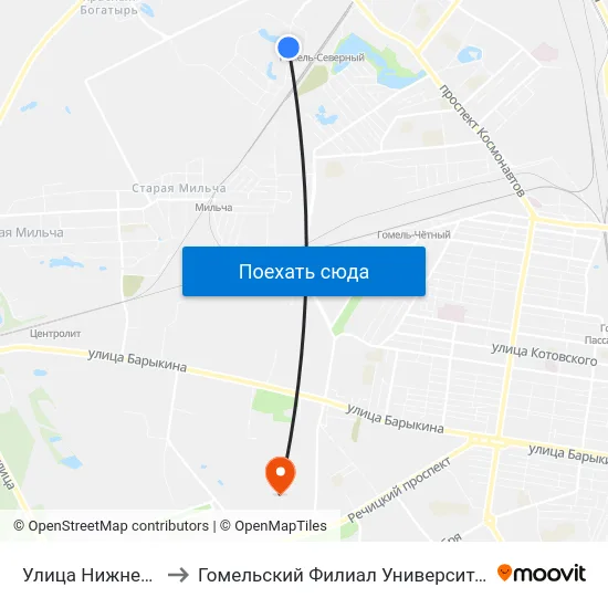 Улица Нижнебрилёвская — 1 to Гомельский Филиал Университета Гражданской Защиты Мчс map