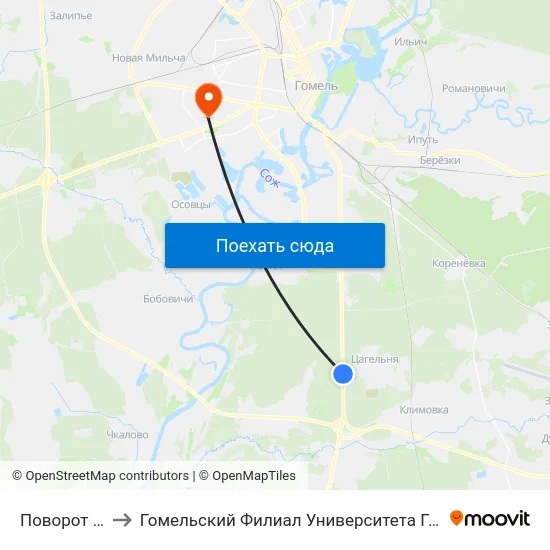Поворот На Куты to Гомельский Филиал Университета Гражданской Защиты Мчс map