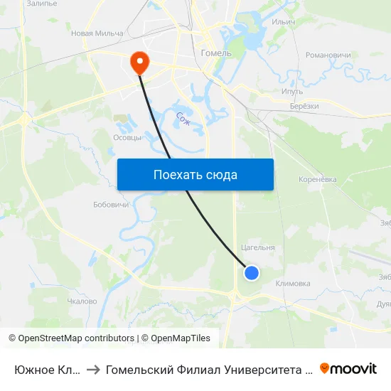 Южное Кладбище 2 to Гомельский Филиал Университета Гражданской Защиты Мчс map