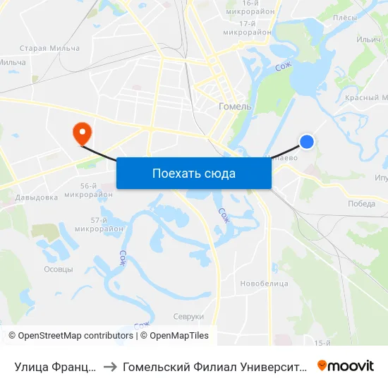 Улица Франциска Скорины to Гомельский Филиал Университета Гражданской Защиты Мчс map