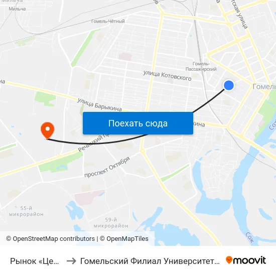 Рынок «Центральный» to Гомельский Филиал Университета Гражданской Защиты Мчс map